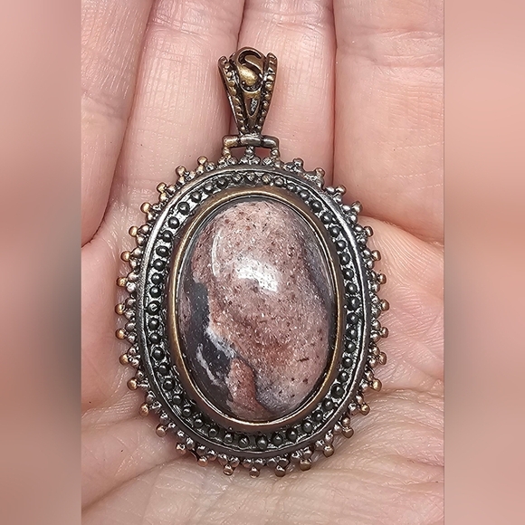 Handmade Pink Brown Rhodonite Gemstone Oval Pendant - Picture 2 of 7